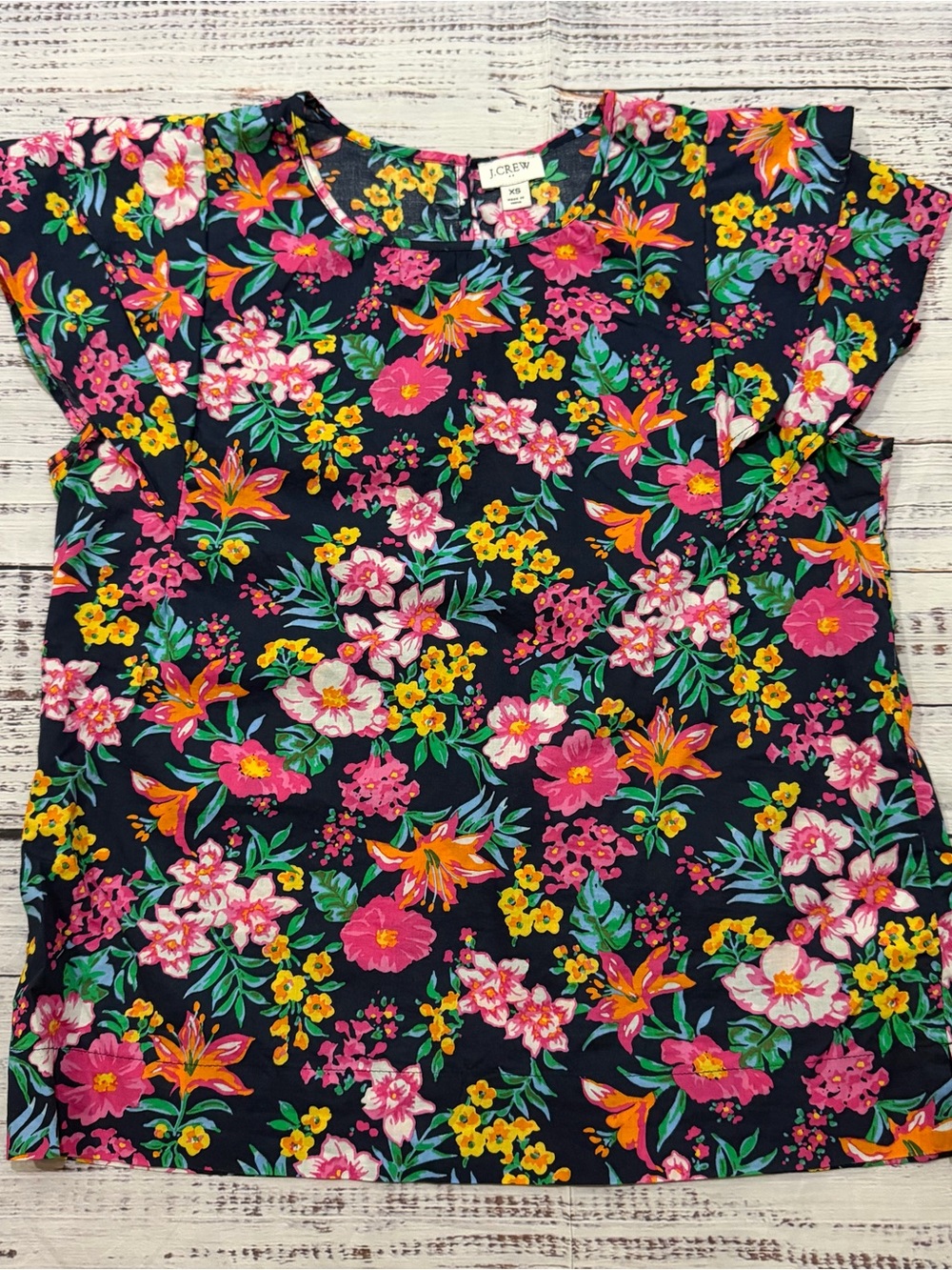 J. Crew Floral Short Sleeve Top - Navy with Pink & Yellow Blooms extra small